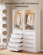 Closet System, Closet Organizer System with Rechargeable Motion Sensor Light Indoor, Walk in Closet Systems with 5 Drawers and Metal Hanging Rods, White