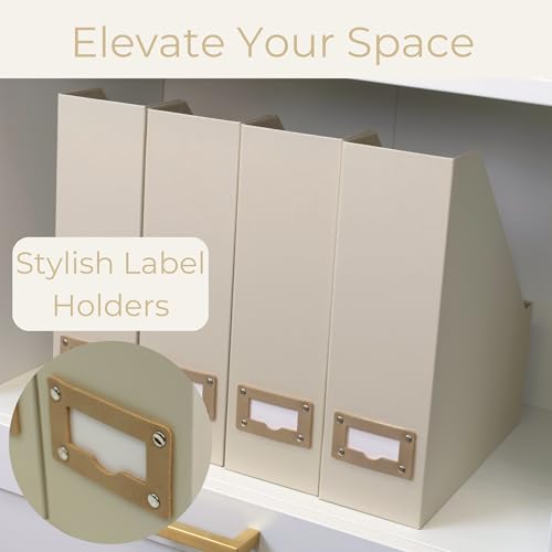 BLU MONACO | Cardboard Magazine File Holder Set of 6 | Vertical Magazine File Holder with Label Slots | Beige Linen Foldable File Organizers for Desk Shelf Office - color: Grey Linen