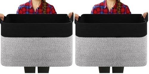 Extra Large Laundry Basket, 95L Blanket Basket for Living Room, Cotton Rope Toy Storage for Kids, Woven Storage for Clothes, Towels, Pillows, 24" x 17" x 14", Pink and White (Pack of 2) - color: Black & Grey, size: 24"x16.9"x14.2" (Pack of 2)