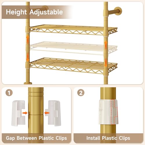 Wall Mounted Garment Rack, Walk-in Closet System with Expandable Rods, Adjustable Shelves, Industrial Pipe Clothing Racks, Hanging Clothes Organizers and Storage, Metal Closet Shelving Wardrobe - color: Gold