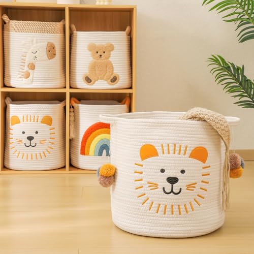 Large Blanket Baskets for Living Room Decor, Toy Storage Baskets Woven Cotton Rope Animal Storage Basket for Kids, Dog Toys Organizer Clothes Hamper with Embroidery Decor for Nursery (Large, Lion) - color: Lion, size: Large
