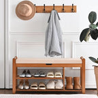 39.4in Shoe Bench with Coat Rack, 3-Tier Bamboo Entryway Bench Hall Tree Shoe Rack Holds Up to 330lb for Bedroom Hallyway - size: 39.4in with Hooks
