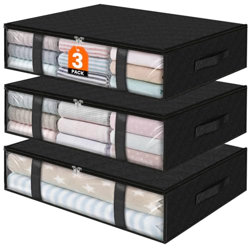 StorageRight Under Bed Storage Bins, 3-Pack 40L Foldable Fabric Storage Bags with Transparent Window, Breathable Organizer for Clothes/Blanket/Comforter/Quiltr, Black - color: Black, size: 3 Pack