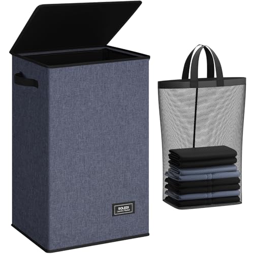SOLEDI Laundry Hamper with Lid 90L Large & Tall Collapsible Laundry Basket, Clothes Hamper with Bag Removable Easy to Carry, Dirty Hampers for Bedroom, Bathroom, Dorm, College, Navy Blue - color: Navy Blue, size: 90L