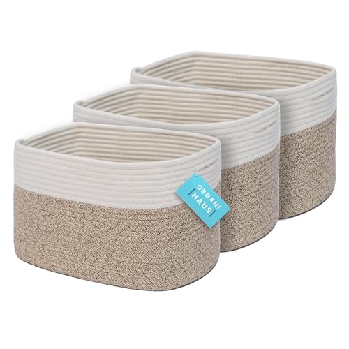 OrganiHaus Rope Baskets for Shelves - Set of 3 Woven Storage Baskets for Organizing, Closet & Toy Storage - Brown/Off-White - 15x9x10 - color: Brown / Off-White