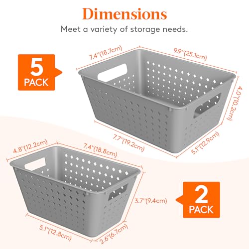 Lifewit Plastic Storage Basket, 7 Pack Stackable Storage Bins for Organizing, Multi Size Open Containers for Shelving, Pantry, Office and Cabinet, 5 Large and 2 Small Size, Gray - color: Gray, size: 5 Large and 2 Small