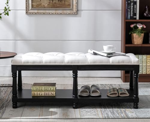Kmax Storage Entryway Bench Tufted Shoe Rack Bench Black Wood Window Bench for Hallway Entrance Bedroom Corner, Beige - color: Beige- Black Wood, size: Storage- 2 Seats
