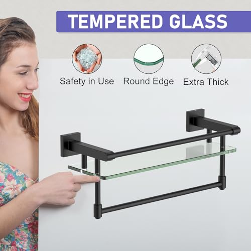Glass Shelf for Bathroom 16 Inch Bathroom Shelves with Towel Bar, Tempered Glass Shelves with Stainless Steel Towel Holder for Wall Shelf Sink Over Toilet (Matte Black) - color: Matte Black, size: 16-inch with Railing