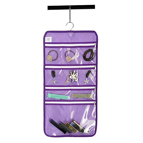 Travel Foldable Jewelry Rolls Bag Hanging Jewelry Organizer with 9 Zippered Clear Pockets Storage Pouch with Rotatable Hanger (PURPLE) - color: PURPLE