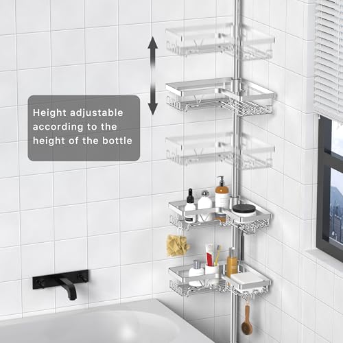 KEGII Shower Caddy Tension Pole with 2 Towel Bars, Adjustable Corner Bathroom Organizer, Rustproof Bathtub Storage Shelves for Shampoo, 25–114.2 Inch Shower Rack for Renters & Family, Silver - style: Shower Caddy with Towel Bar - Brushed Silver