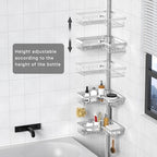 KEGII Shower Caddy Tension Pole with 2 Towel Bars, Adjustable Corner Bathroom Organizer, Rustproof Bathtub Storage Shelves for Shampoo, 25–114.2 Inch Shower Rack for Renters & Family, Silver - style: Shower Caddy with Towel Bar - Brushed Silver
