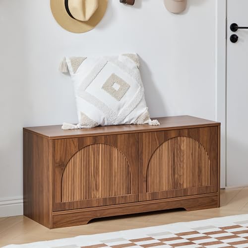 BERRYMERRY 39.4" Fluted Shoe Storage Bench for Entryway,2 Tier Shoe Cabinet Bench with Adjustable Shelf,Bench for Bedroom End of Bed (Walnut, 13.8”D x 39.4”W x 18.5”H) - color: Walnut