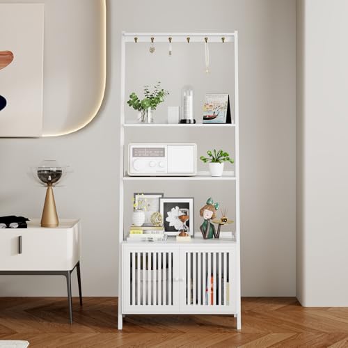 Bookcase with Drawers, 4-Tier Bamboo Bookshelf Ladder Shelf with 6 Hooks, 59.5"H x 24.8"L x 10.6"W, Tall Narrow Freestanding Standing Storage Organizer for Living Room, Office, Bedroom, White - color: 4-tier White