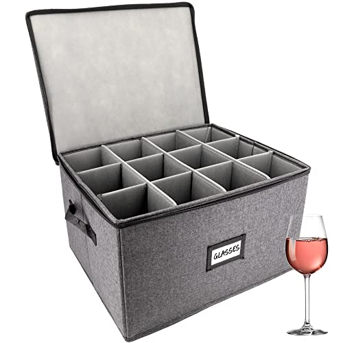 HOMELUX THEORY Wine Glass Storage Box with Dividers, Hard Shell China Storage Containers, Heavy Duty Glassware Storage Box & Stemware Storage Container with Lid, Thick Surface, and Sturdy Handle - color: Dark Gray, size: 9. Glass Stemware Storage