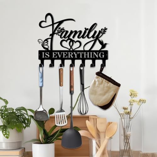 Key Holder Wall Mount, Family is Everythings Sign, Key Holder Wall for Wall Decorative with 6 Hooks, Organizer Rack Hanger for Entryway, Front Door, Hallway, Office 9.8 inches - color: Family is Everythings