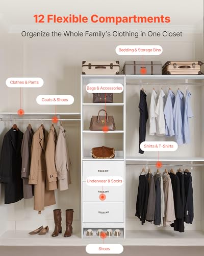VEVOR Closet System with 3 Drawers, Adjustable Height Wooden Closet Organizers, Modern Walk-in Wardrobe Organization with 3 Retractable Clothes Hanger Rods, Freestanding Garment Rack Storage, White - color: White, style: 3 Clothes Hanger Rods with Support