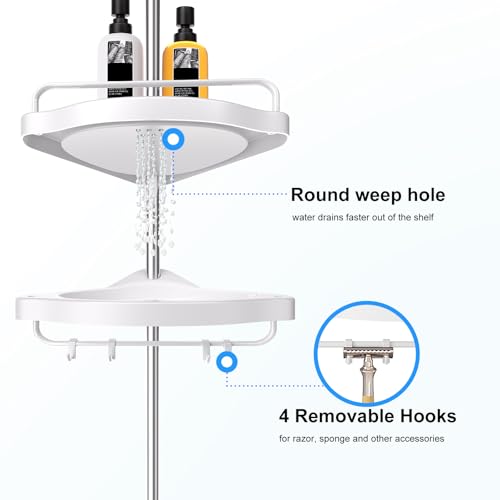 HAMITOR Corner Shower Caddy Tension Pole: Adjustable Stainless Steel Shower Organizer with 4 Tier Shelf for Bathroom Bathtub Tub Shampoo - Floor Standing Rack Bath Storage Holder with Rust Proof Rods - color: Silver
