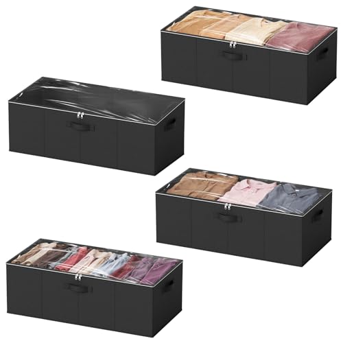 SpaceAid 4 Pack 10" High Under Bed Storage Containers, Large Underbed Storage Organizer Bins with Lids for Bedroom, Dorm, Clothes, Closet Organization, Bed Sheets and Blankets (Black) - color: Black