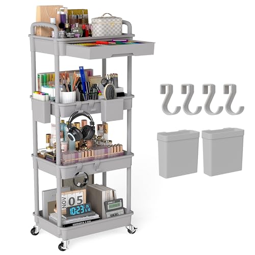 4 Tier Rolling Utility Cart with Drawer, Plastic Storage Organizer Rolling Carts with Wheels Handles Hanging Cups Hooks for Office, Bathroom, Kitchen,Craft Art Room (Grey) - color: Gray, size: 4-Tier