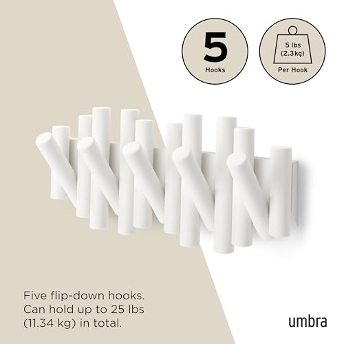 Umbra Picket Wall-Mounted Coat Rack Rail Hook with 5 Retractable Wood Pegs – Modern, Space-Saving Storage Organizer, White - color: White, size: 5-Hook