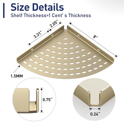2 Pack Corner Shower Shelves 304 Stainless Steel Shower Corner Shelf Brushed Gold Bathroom 8 in Prevent Rust Drilling Installation - color: Brushed Gold