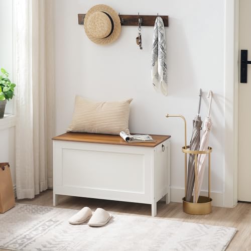 HOOBRO Toy Box, Retro Wooden Look Storage Chest with Safety Hinge, Entryway Storage Bench Supports 220 lb, 29.9 x 15.7 x 18.9 Inches Toy Chest Organizer, Easy Assembly (White and Walnut) WH75CW01G1 - color: White + Walnut, size: 29.9x15.7x18.9 Inch