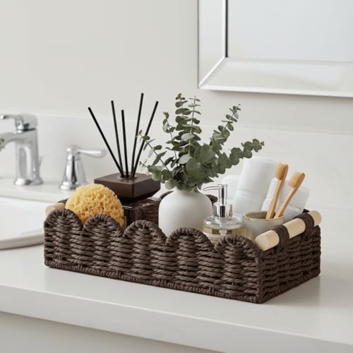 CubesLand Toilet Paper Storage Basket Organizer, Small Wicker Toilet Tank Top Decorative Baskets for Countertop, Handwoven Scalloped Basket w/handle for Home Decor, Living Room, Bedroom, Brown - color: Brown, size: S - 12.99"L x 6.3"W x 3.15"H