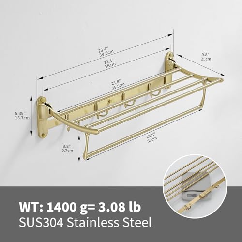 BESy 24 Inch Brushed Gold Towel Racks, Bathroom Towel Shelf with Foldable Towel Bar Holder and Towel Hooks, Wall Mounted Multifunctional Bathroom Accessories, Double Towel Bars - color: Brushed Gold