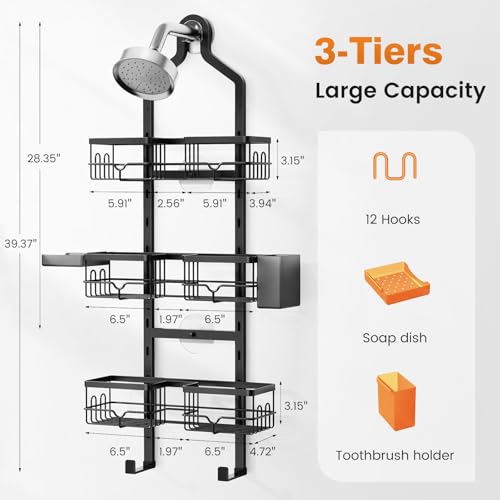 Vatex Shower Caddy Hanging Organizer, 3 Tier Adjustable Bathroom Shelves, Rustproof Over The Showerhead/Door Hanging Shelf for Inside Shower - No Drilling Shower Rack Bath Storage With Soap Holder