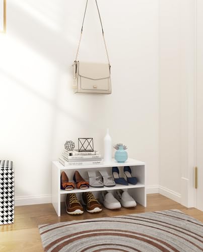 2-Tier Stackable White Shoe Rack, Wooden 2-Shelf Shoe Organizer Freestanding Shoe Storage Stand for 6-9 Pairs, Perfect for Closet, Entryway, Office Use - Modern White