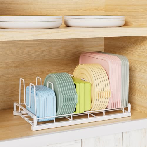 Food Container Lid Organizer, Adjustable 6 Dividers Full-Metal Pot and Pan Organizer Rack for Kitchen Cabinets, Drawers, Cupboards, Pantry Shelves Storage, White - color: White,14",6 Dividers