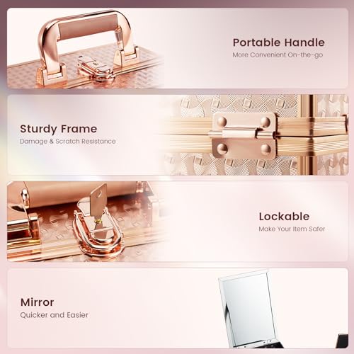 Joligrace Beauty Makeup Train Case for Lady Portable Cosmetic Box Jewelry Organizer Lockable with Keys and Mirror 2-Tier Trays Carrying with Handle Makeup Storage Box - Rose Gold - color: Rose Gold