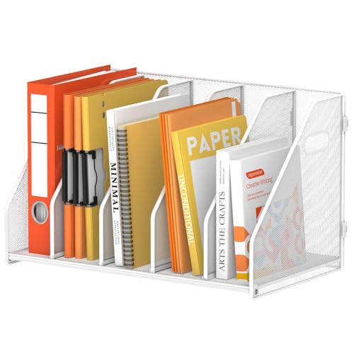SUPEASY Binder Organizer, Magazine File Holder with 5 Vertical Compartments Rack, Metal Desk File Organizer & Binder Holders, Magazine Organizers for Office Desktop, Home, School,Classroom (White) - color: White, size: 5Rack