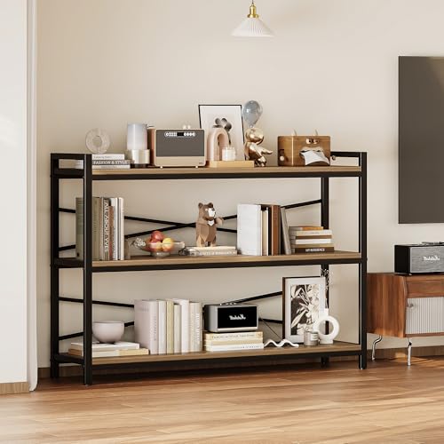 3 Tier Bookcase 47.24" Width, Long Industrial Book Shelf, Vintage Wooden Large Book Shelf for Home Living Room Bedroom Office Storage(Light Coffee) - color: Light Coffe, size: 3 Tier - 47.2" W