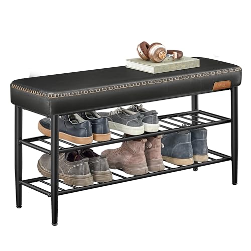 VASAGLE EKHO Collection - Shoe Rack Bench, Storage Bench for Entryway, Synthetic Leather with Stitching, Mid-Century Modern, Loads 300 lb, 11.8 x 39.4 x 19.7 Inches, Ink Black ULSB113B01 - color: Ink Black, size: 39.4"W