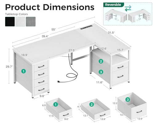 Coleshome L Shaped Computer Desk with 6 Drawers & Power Outlet, 55 Inch Corner Desk with Reversible Storage Shelf & File Drawer, Home Office Desk, White - color: White, size: 55 Inch