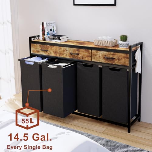 Timberer Laundry Hamper, Laundry Sorter 4 Sections, Rolling Laundry Basket with Wheels, 3 Drawers, 4 × 14.5 Gal (55 L), Pull-Out and Removable Oxford Fabric Bags, Black and Rustic Brown - color: Black + Rustic Brown, size: 4 Bags (54.3"L x 12.9"W x 39.6"H