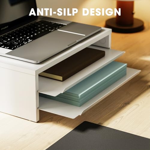 Fenge Monitor Stand, 3-Tier Monitor Riser with Slide-Out Tray, Wooden and Metal Desktop Organizer for Home Office, Computer, Laptop, Printer, Telephone - color: White
