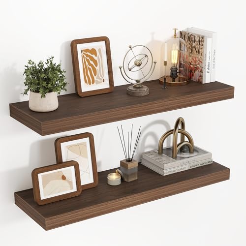 Acovy 32 Inch Floating Shelves, 3D Textured Wood Grain, 32"x9.25"x1.5" Inch Deep Floating Shelves for Wall, Wooden Shelves for Bathroom, Bedroom, Living Room, Walnut, 2 Pieces - color: Walnut, size: 32"x9.25"-2pcs