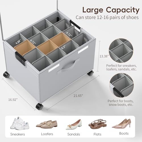 HOUSE AGAIN Shoe Organizer for Closet, 2 Pack Foldable Shoe Storage Organizer Box with Wheels and Adjustable Dividers, Sturdy Metal Frame Fits up to 16-32 Pairs, Large Shoes Storage with Clear Cover - size: 2 Pack