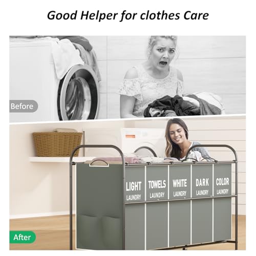 5-Section Laundry Sorter Cart, Large Laundry Hamper with Lockable Rolling Wheels, Versatile Storage Organizer with Removable Bags for Dirty Clothes, Gray - color: Gray