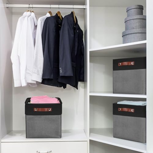 Bagnizer Collapsible Fabric Storage Cubes 11x11 Cube Storage Bins, 4 Pack Closet Baskets Box with Handles for Organizing, Shelf, Toys, Clothes, Home, Office, Nursery (Grey&Black) - color: Gray / Black, size: Cube - 11"x11"x11"
