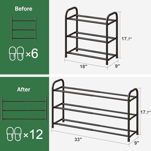 kiplant Shoe Rack for Closet, 3-Tier Expandable Shoe Organizer, Metal Adjustable Black Shoe Shelf Storage Organizer, Free Standing Shoe Rack for Entryway Closet Doorway - color: Black, size: 3-Tier_Long