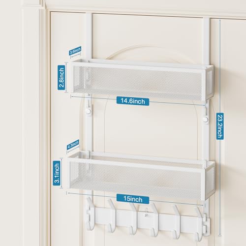 Over The Door Hooks Organizer, Over Door Storage with 12 Coat Hooks and 2 Mesh Basket, Bathroom Door Organizer Towel Rack Back of Door Hanger Organizer for Bedroom, Kitchen(White) - color: White, size: 2 Baskets