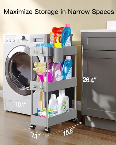 Pipishell Slim Storage Cart with Wheels - 3 Tier Bathroom Organizers and Storage Cart - Rolling Carts for Bathroom, Kitchen, Narrow Space, Laundry Room,Gray - color: Gray, size: 3-Tier
