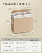 SONGMICS HOME Laundry Hamper with 3 Section, Large 140 L Rolling Laundry Basket with Wheels, Rattan Clothes Basket with Lid, Removable Liner with Handles, Natural Beige and Matte White ULCB602N01 - color: Natural Beige + Matte White, size: 140 L