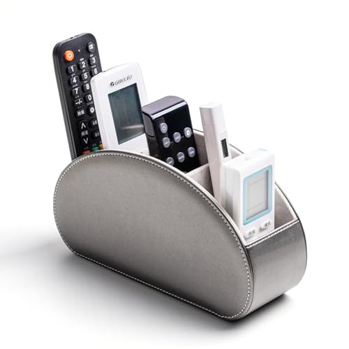 Remote Control Holders Organizer Box with 5 Compartment PU Leather Multi-functional Office Desk Storage Caddy Store Tv Remote for Media Player,Brush,Pencil,Glassees&Office Supplies (Sliver) - color: Sliver, size: S