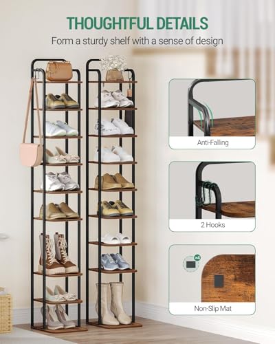 Hzuaneri 10 Tiers Vertical Shoe Rack, Narrow Shoe Tower, Tall Shoes Shelf with 2 Hooks, Adjustable Shelves, Corner Shoes Shelves for Small Spaces, Entryway, Living Room, Rustic Brown SR11201B - color: Rustic Brown and Black, size: 10 Tier(11.8"D x 10.4"W
