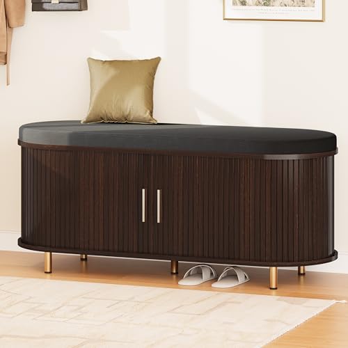 DHH 2-Tier Storage Bench,Wide Shoe Bench with Thickened Padded Seat Cushion, Mid Century Modern Fluted Sliding Door and Adjustable Shelf, for Entryway, Living Room, Bedroom (Dark Walnut, 43.3“) - color: Dark Walnut, size: 43.3 inch