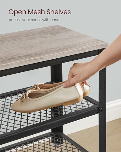 VASAGLE 3-Tier Shoe Rack, Shelf Storage Bench with Metal Mesh Shelves and Seat, Free Standing Shoe Organizer for Entryway, 11.8 x 39.4 x 17.7 Inches, Greige and Black ULBS078K01 - color: Greige + Black, size: 39.4"W x 17.7"H, style: Bench
